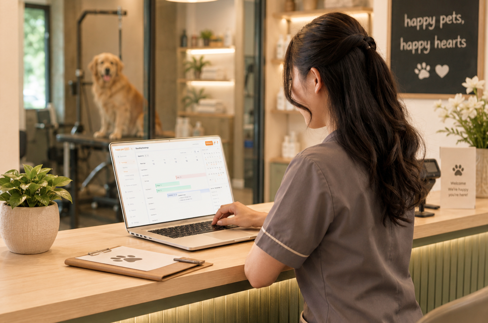 Pet grooming/boarding staff using Happy Pet Tech Software
